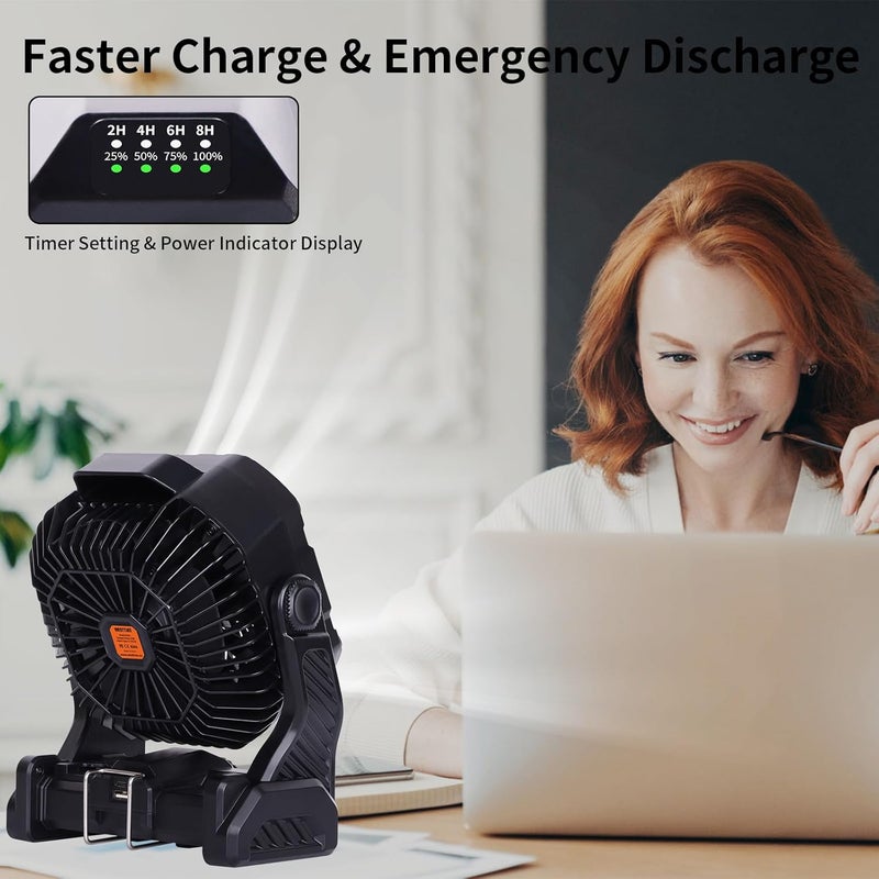 WESTTREE 20000mAh Camping Fan with LED Lantern USB TpyeC Rechargeable Battery Operated Fan Outdoor Fans with Light & Hook,4 Speeds Personal USB Desk for Camping Black X26A - Image 5